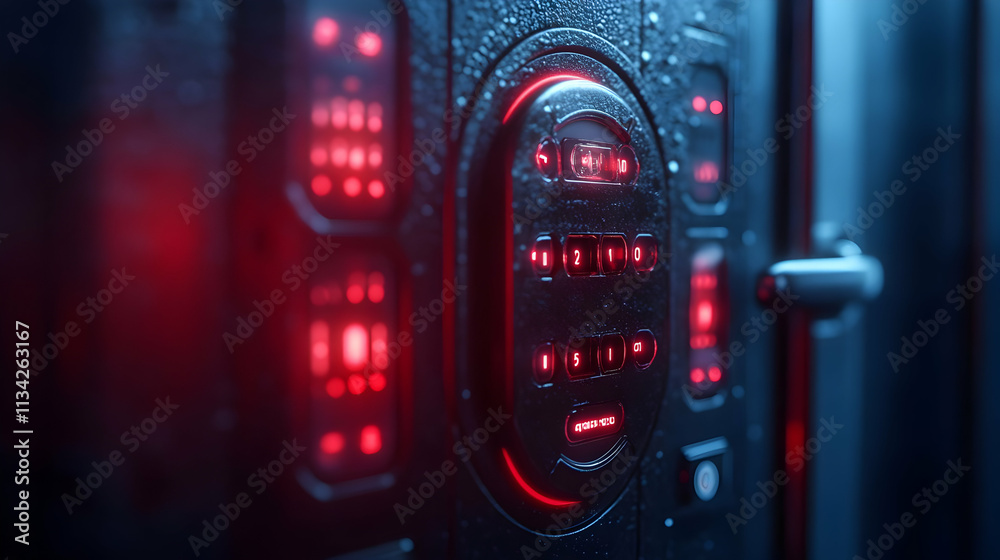 Poster a close-up of a futuristic control panel with illuminated red buttons and a sleek design.