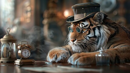 Stylish tiger examining artifact in a museum.