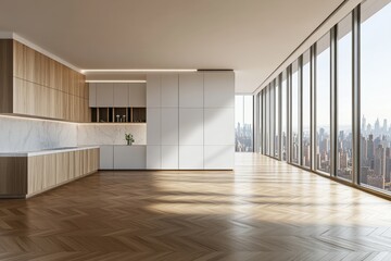 Obraz premium A large open kitchen with a white counter and a large window