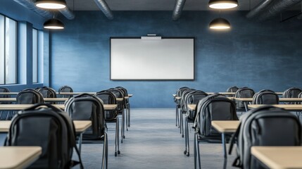 Empty classroom with desks, backpacks, and a blank whiteboard.