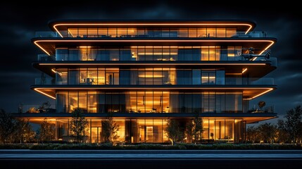 A modern, illuminated building at night, showcasing sleek architecture and warm lighting.