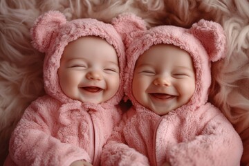 Twin babies in pink bear outfits, happily smiling. Perfect for themes of joy, family, and new beginnings.
