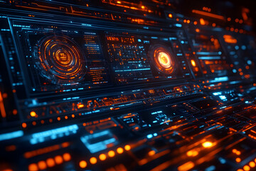 Fototapeta premium Futuristic interface with glowing elements and data displays.