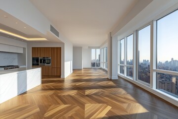 Fototapeta premium A large open living room with a kitchen and a view of the city