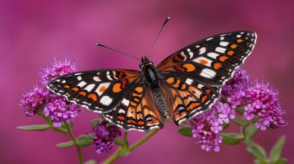 Naklejka premium Vibrant butterfly perched on purple flowers.