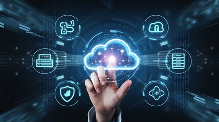 Fototapeta premium Hand Interacting with Glowing Cloud Technology Interface, cloud computing copy space, copy-space background, tech copyspace background