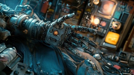 Futuristic robotic arm rests on a cluttered workbench in a dimly lit workshop.