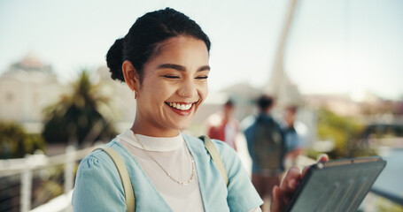 Research, college and woman with tablet, student and happy for scholarship, education and thinking. Campus, outdoor and person with knowledge, university and smile for opportunity, online or browsing