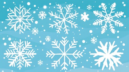 Winter wonderland scene with various detailed snowflakes on a light teal background.