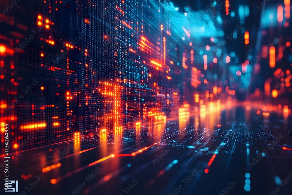 Poster abstract digital landscape with glowing lines and patterns, representing data flow and technology.