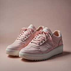"Stylish platform sneakers in pastel pink, clear background."