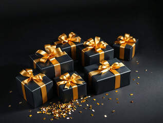 Gift presentation with stylish black and gold boxes elegant setting festive atmosphere close-up view for celebrations