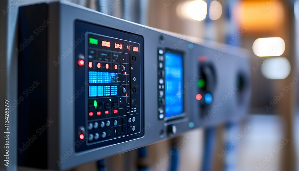 Poster control panel with digital displays and buttons for monitoring and managing systems.