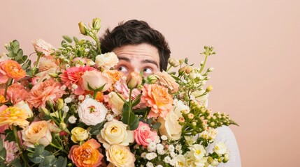 One young man with European appearance hiding behind a vibrant bouquet of flowers, playful expression, against a soft pastel pink background, and ample copy space.