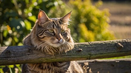 Obraz premium Relaxation of a kinesthetic tabby cat enjoying the warm sunlight while lounging tranquilly upon a wooden fence in a serene outdoor setting surrounded by green foliage