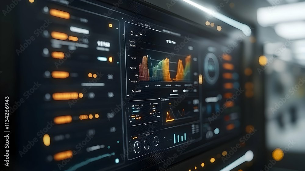 Poster a digital dashboard displaying data analytics and performance metrics in a futuristic interface.