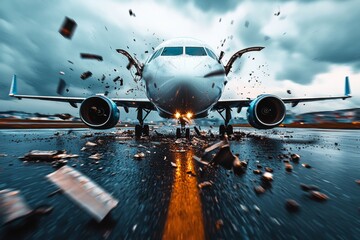Dramatic aircraft landing during a storm with debris scattered on the runway showing intense weather conditions