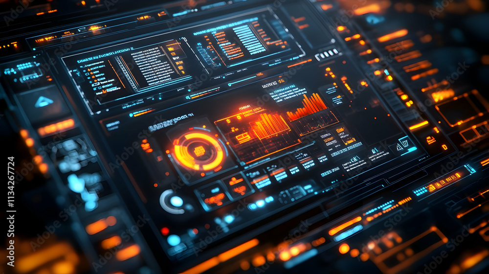 Poster futuristic digital interface displaying data analytics and visualizations.