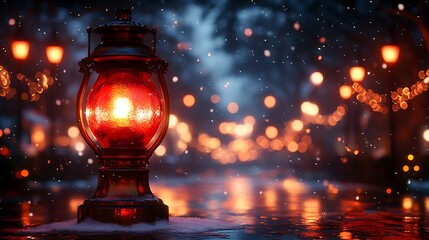 Illuminated Lantern In Snowy Winter Night Scene