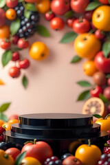 Black Podium with Assorted Fruits. Ai Generated.