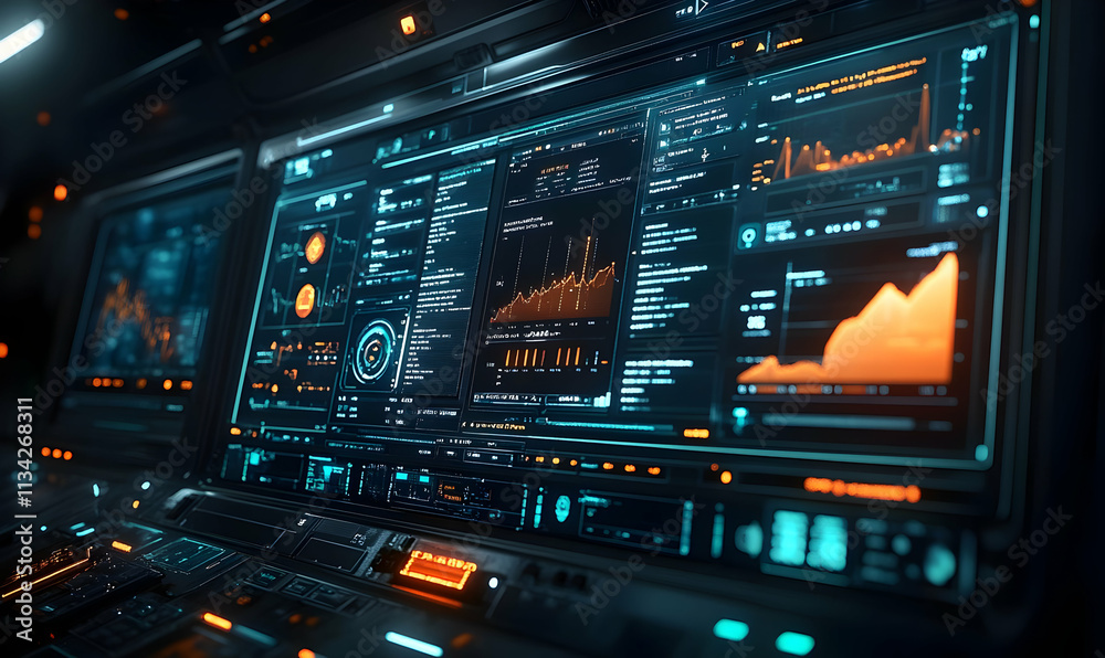 Poster a futuristic control panel displaying data analytics and visualizations in a high-tech environment.