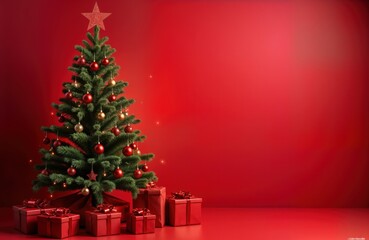 Red Christmas tree with red ornaments and fairy lights. Presents with red ribbons under the tree. Solid red background. Festive holiday decor. Perfect for a holiday ad or a festive showcase.