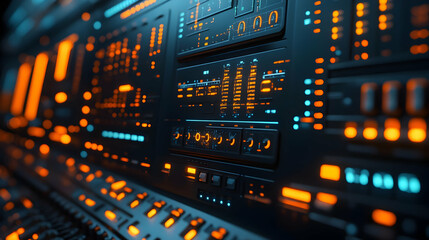 A close-up of a futuristic control panel with glowing buttons and displays.