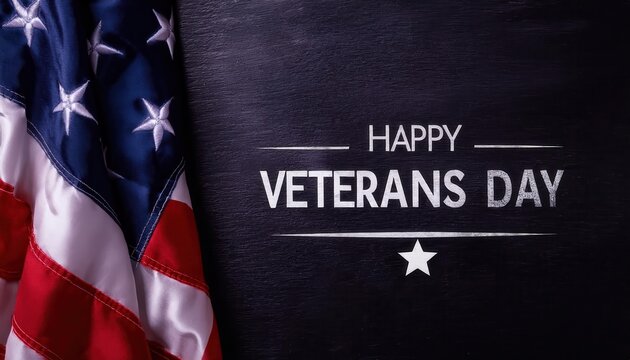 Close-Up of American Flag with Bold "Happy Veterans Day" Chalkboard Text, Celebrating Military Service, Patriotism, and Honor, Ideal for Social Media Posts, Blog Headers, or Event Promotions