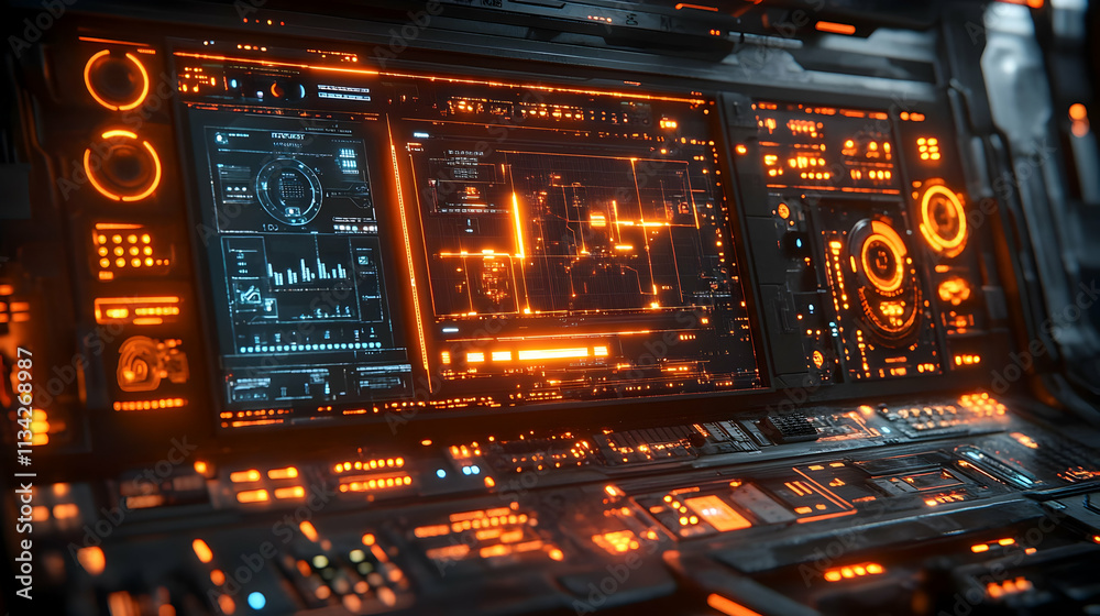 Poster a futuristic control panel with glowing interfaces and data displays.