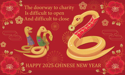 Chinese new year 2025 year of the snake, cards, banners, red illustration with quotes