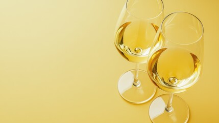 Two glass with white wine on light yellow background. Wineglasses. Summer drink for party, wine shop or wine tasting concept. Date or romantic dinner. Copy space