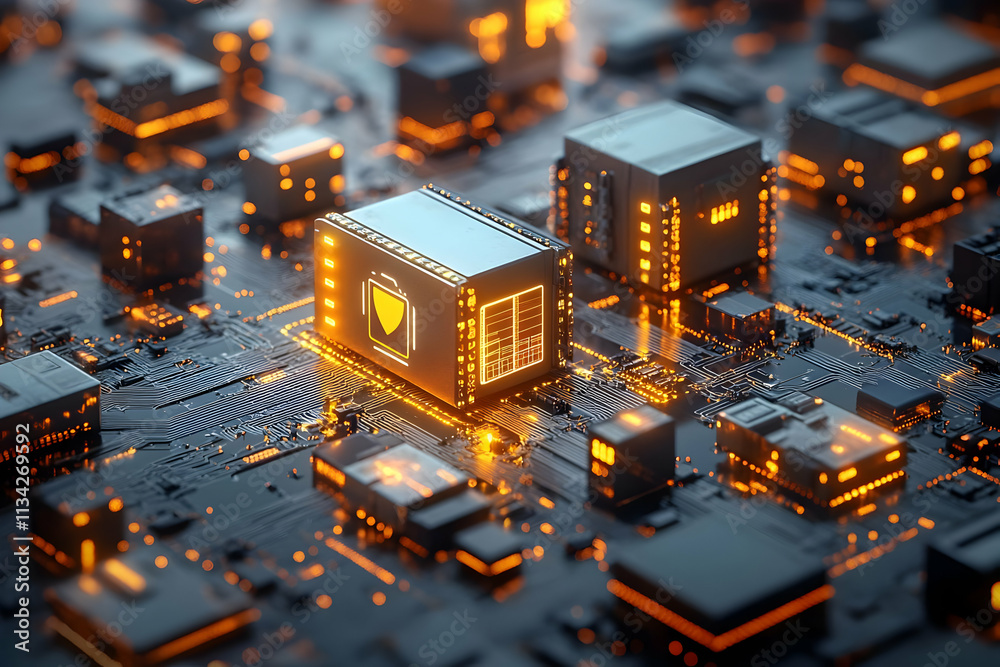 Poster a close-up of a futuristic circuit board with illuminated components and a central processor.