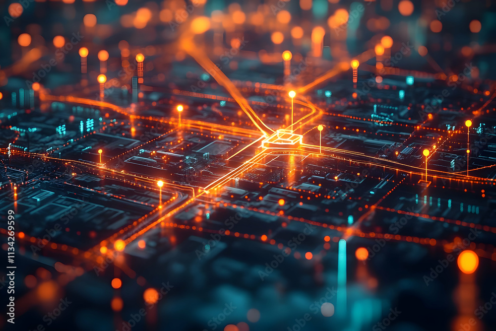 Poster a digital cityscape with glowing connections and data points, representing technology and networking