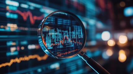 Magnifying glass focuses on stock market data displayed on a screen. Illustrates market analysis, research, and investment strategy.