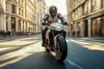 A futuristic street bike rides through futuristic city streets. An image for the design.