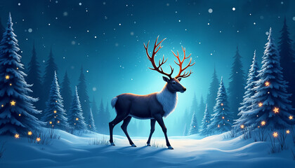 Lonely noble deer mail with big horns against winter fairy forest