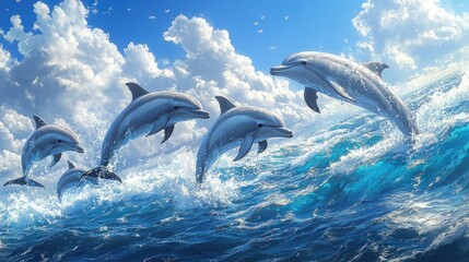Fototapeta premium A vibrant scene of dolphins leaping above ocean waves under a bright sky.