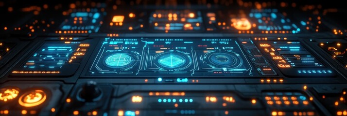 Obraz premium Futuristic control panel with glowing blue and orange interfaces.
