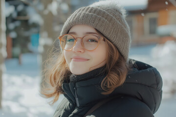 Portrait of smiling young girl in warm winter clothes in winter snowy season