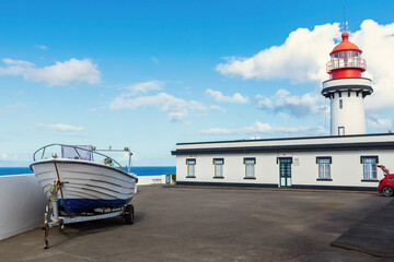 Farol Da Ponta Do Topo lighthouse close view at Sao Jorge island Azores Portugal
