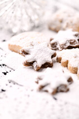 Christmas cookies on bright background. Soft focus. Close up.
