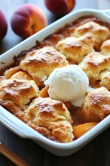 A warm peach cobbler topped with a scoop of ice cream, served in a white dish.