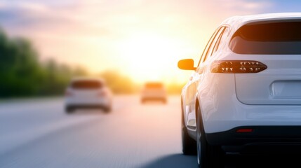 Scenic Sunset Drive White SUV on Highway Road Trip