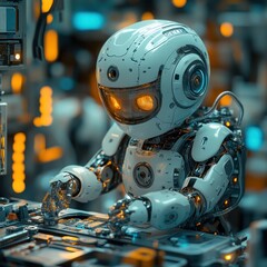 A futuristic robot working on a control panel in a high-tech environment.