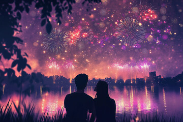 couple by the lake watching fireworks display