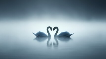 Fototapeta premium Romantic Swans on Misty Lake Love Nature Wildlife Serenity
