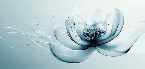 Abstract translucent blue flower with flowing lines and particles.
