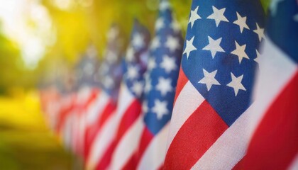 Close-Up View of Vibrant American Flags Waving Outdoors on a Sunny Day with Golden Light and Greenery in the Background. Perfect for Celebrating Patriotic USA Holidays, Memorial Day, or July 4th Event