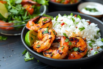 Cinematic food photo of grilled shrimp with lime and fresh garnish on a dark moody background.
