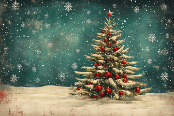 retro christmas blue background with christmas tree